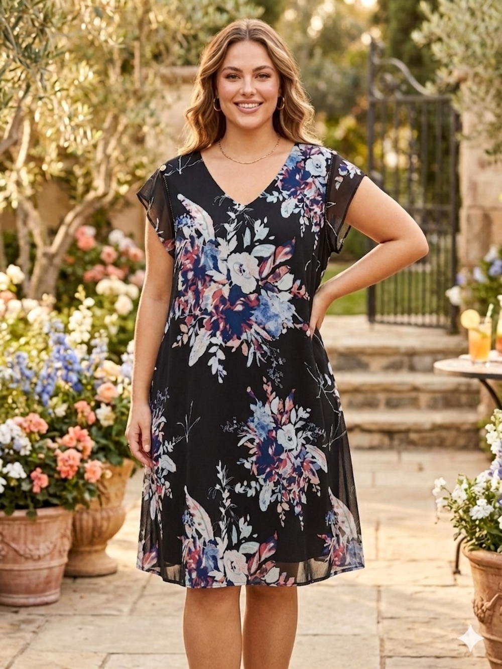 Reitmans Black Floral V-Neck Short Sleeve Dress